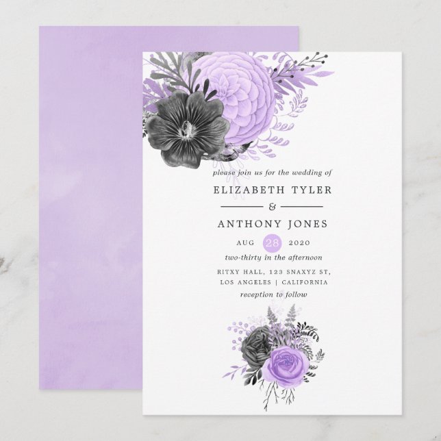 Invitación Boda de Lilac y Carbón (Anverso / Reverso)