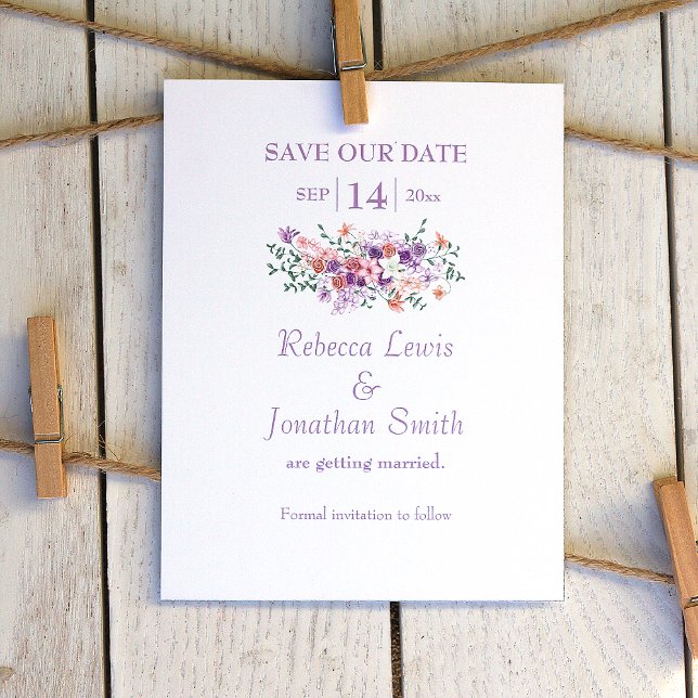 Invitación Boda de Lilac y Peach Bouquet Save the Date (lilac and peach wedding save the date card, peach flowers, lilies and light purple roses)
