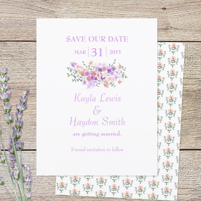 Invitación Boda de Lilac y Peach Bouquet Save the Date (lilac and peach bouquet Save Our Date wedding announcement)