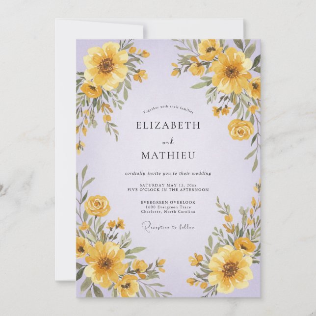 Invitación Boda de Lilas Amarillas Girasoles Eucalipto (Anverso)