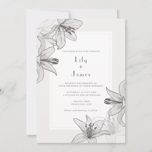 Invitación Boda de Lilies Florales Clásicas Ilustradas (Anverso)