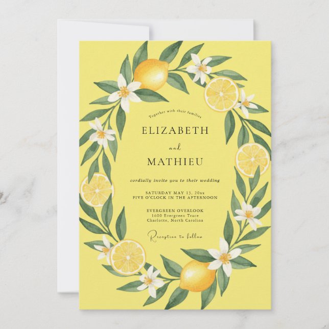 Invitación Boda de limón amarillo cítrico eucalipto (Anverso)