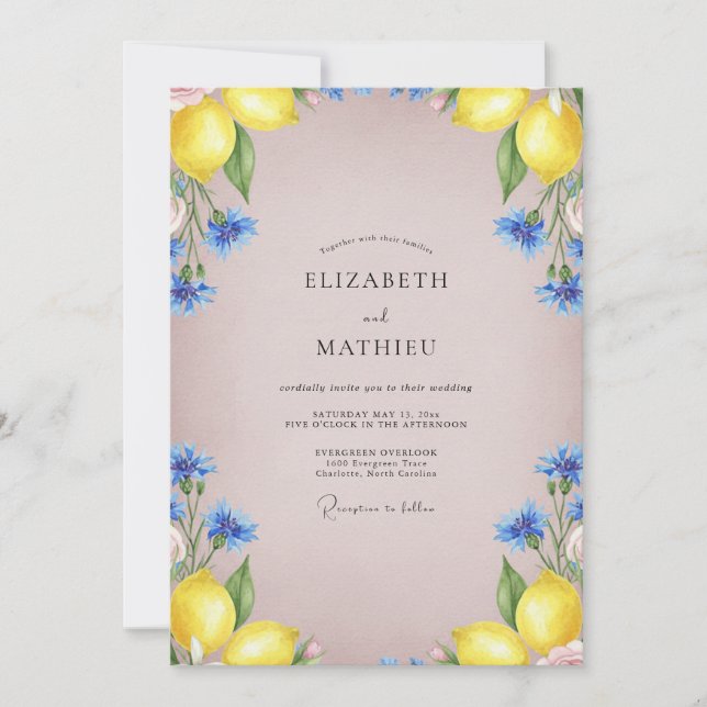 Invitación Boda de limón amarillo cítrico eucalipto (Anverso)