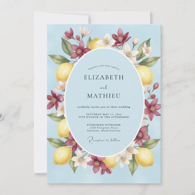 Invitación Boda de limón amarillo de Borgoña eucalipto (Anverso)