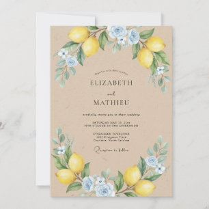 Invitación Boda de limón amarillo y azul celeste de eucalipto