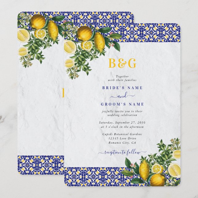 Invitación Boda de limón azul blanco amarillo mediterráneo (Anverso / Reverso)