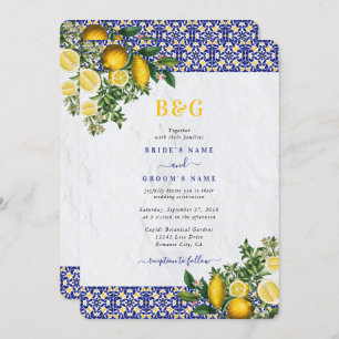 Invitación Boda de limón azul blanco amarillo mediterráneo
