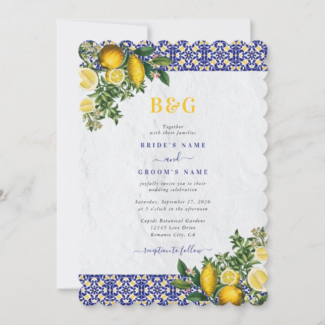 Invitación Boda de limón azul blanco amarillo mediterráneo (Anverso)