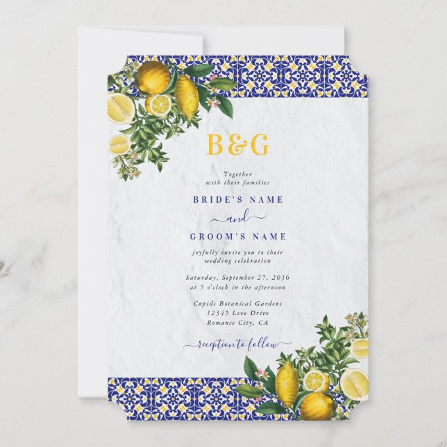 Invitación Boda de limón azul blanco amarillo mediterráneo (Anverso)