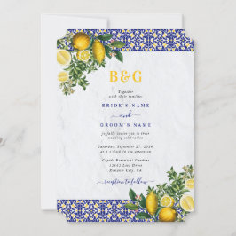 Invitación Boda de limón azul blanco amarillo mediterráneo