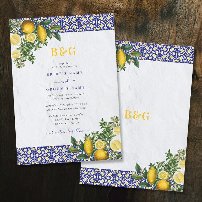 Invitación Boda de limón azul blanco amarillo mediterráneo (Blue White Yellow Mediterranean Tile Lemon Wedding Invitation)
