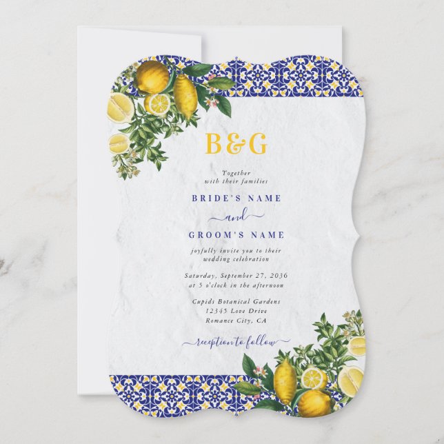 Invitación Boda de limón azul blanco amarillo mediterráneo (Anverso)