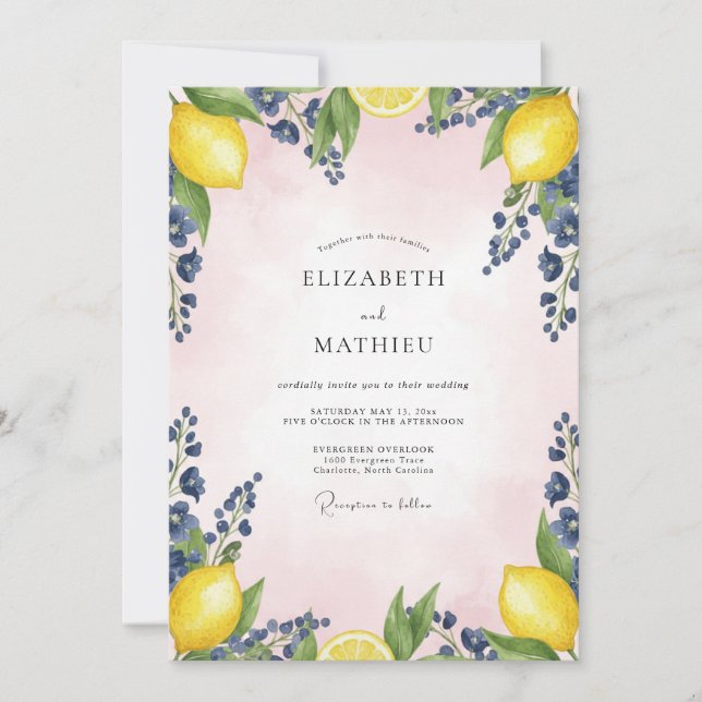 Invitación Boda de limón azul celeste rubor eucalipto (Anverso)