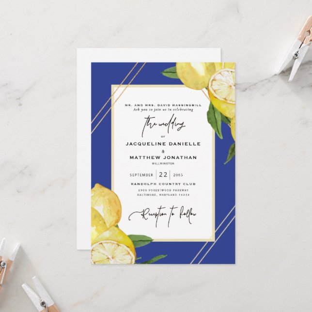 Invitación Boda de limón azul y acuarela tropical (Anverso/Reverso In Situ)
