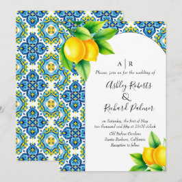 Invitación Boda de limón azul y amarillo de azulejos mediterr