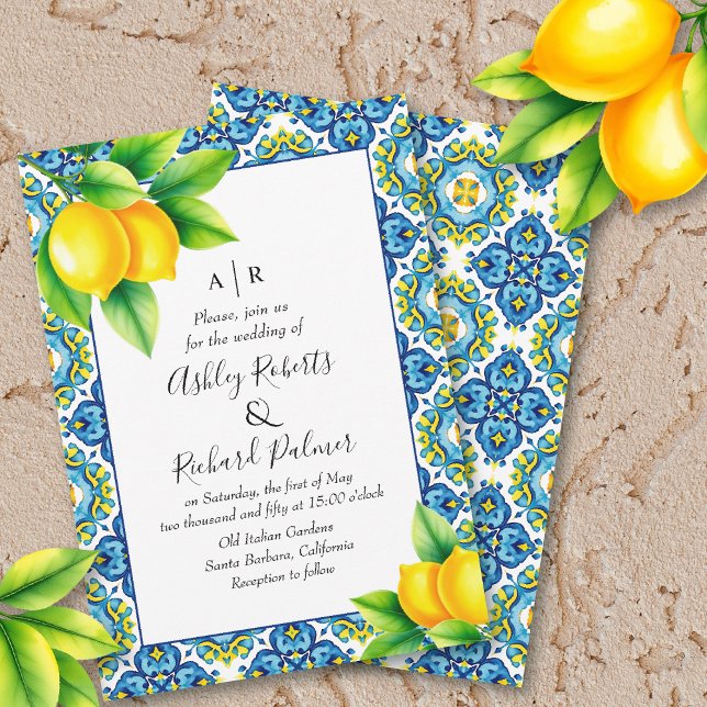Invitación Boda de limón azul y amarillo de azulejos mediterr (Subido por el creador)
