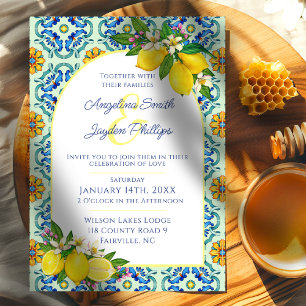 Invitación Boda de limón azul y amarillo mediterráneo