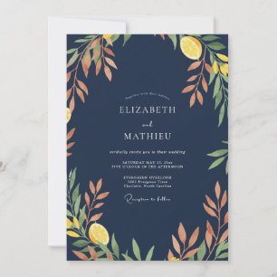 Invitación Boda de limón cítrico eucalipto azul marino