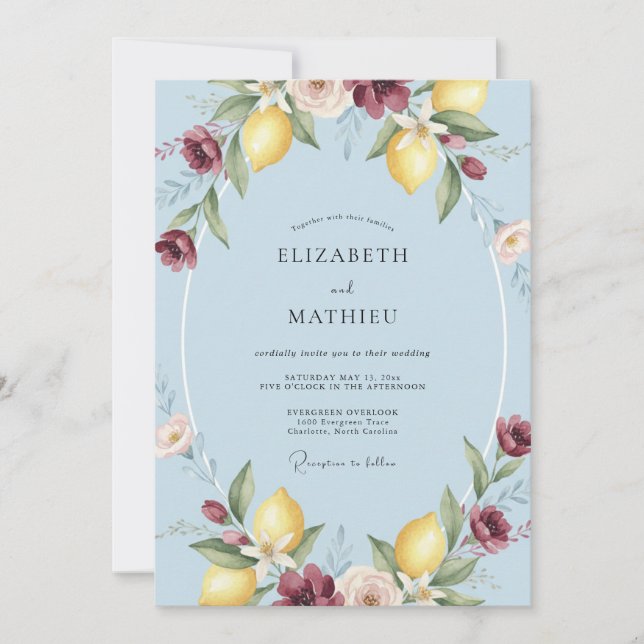 Invitación Boda de limón cítrico eucalipto cielo (Anverso)