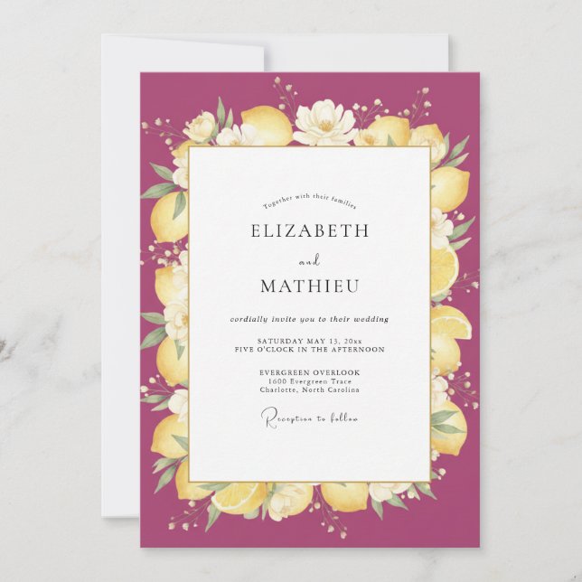 Invitación Boda de limón cítrico eucalipto magenta (Anverso)