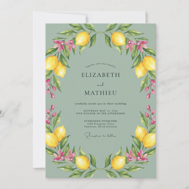 Invitación Boda de limón con flores de cítricos en acuarela (Anverso)