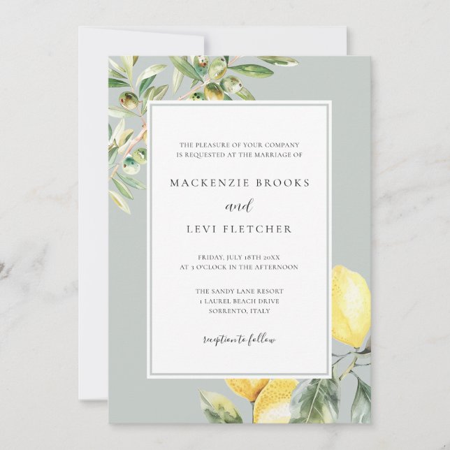 Invitación Boda de limón elegante en el jardín mediterráneo (Anverso)