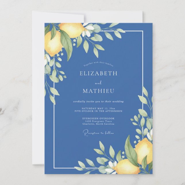 Invitación Boda de limón eucalipto cítrico cerúleo (Anverso)
