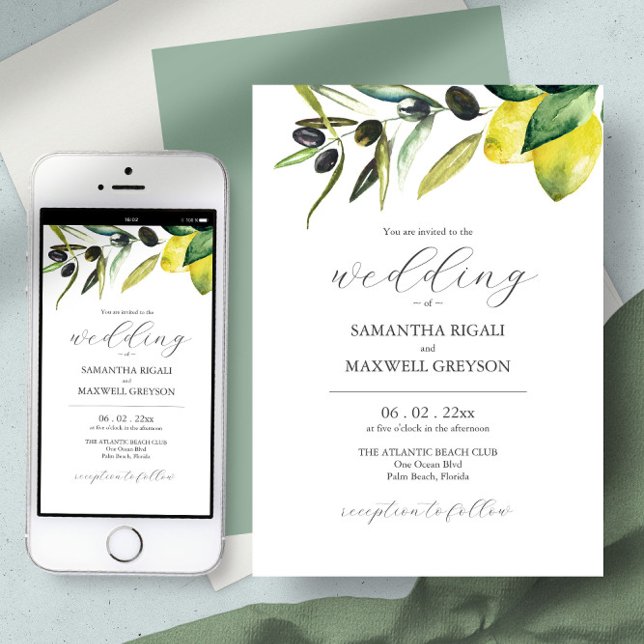 Invitación Boda de limón olivo Elegante acuarela Botánica (editable wedding invitation cheap card and digital download virtual botanical lemon and olive branch)