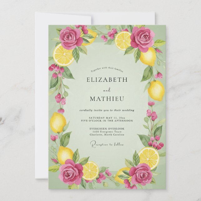Invitación Boda de limón rosa cítrico eucalipto (Anverso)