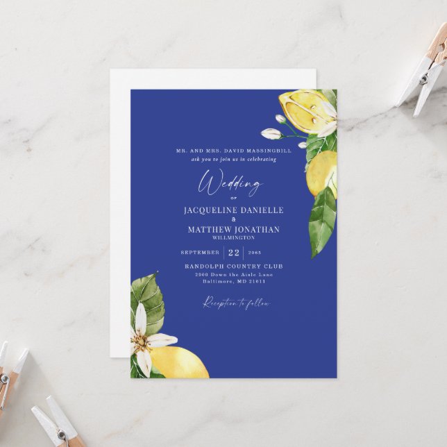 Invitación Boda de limones acuarela azul tropical  (Anverso/Reverso In Situ)