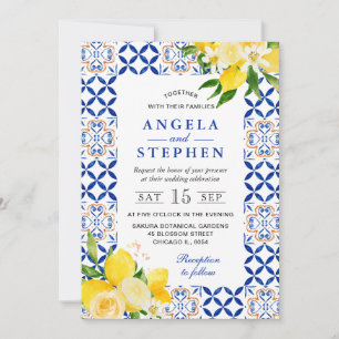 Invitación Boda de limones azules y amarillos acuarela marco