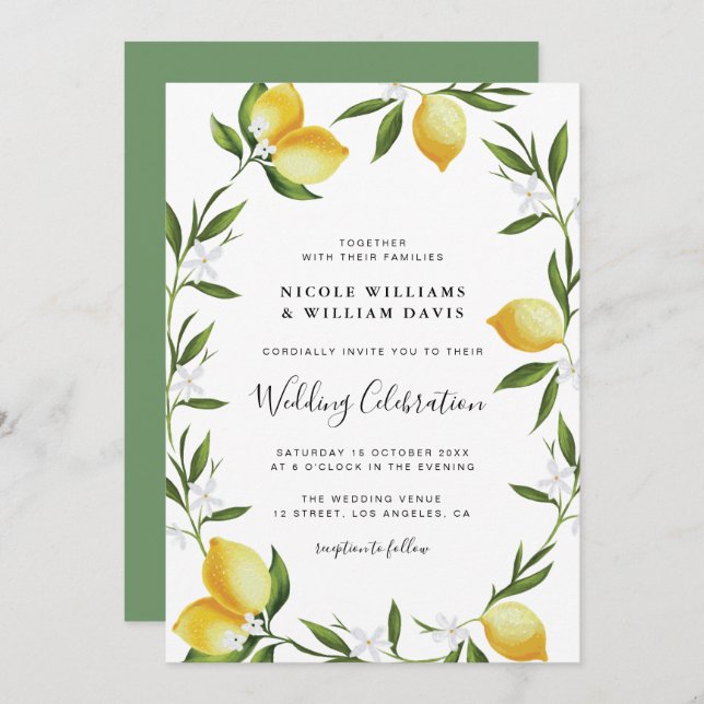 Invitación Boda de limones de acuarela de escritura elegante (Anverso / Reverso)