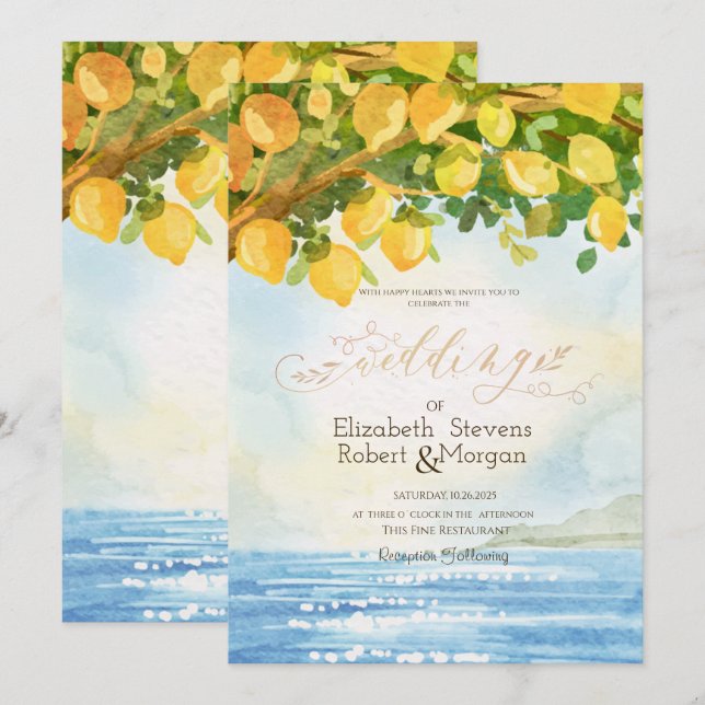 Invitación Boda de limones de acuarela en el océano (Anverso / Reverso)