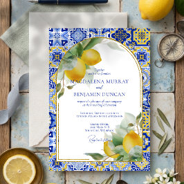 Invitación Boda de limones de azulejos azules italianos con a