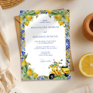 Invitación Boda de limones de scooter italiano y baldosas azu