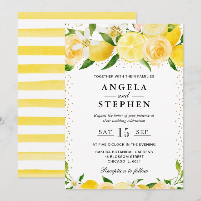 Invitación Boda de limones y flores en acuarela (Anverso / Reverso)