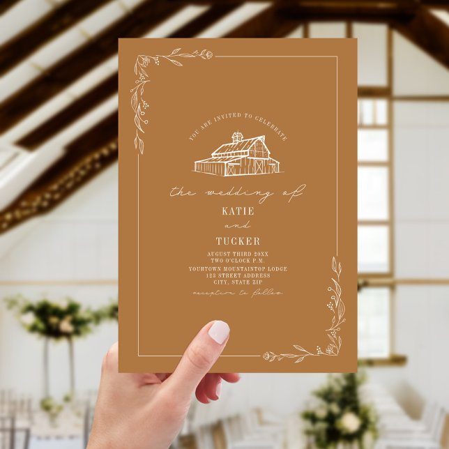 Invitación Boda de Line Art Rustic Barn Goldenrod (Subido por el creador)