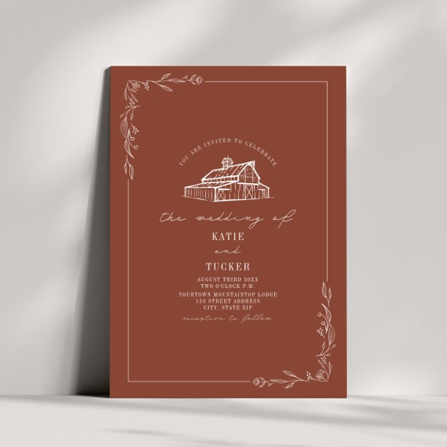 Invitación Boda de Line Art Rustic Barn Terracotta (Subido por el creador)