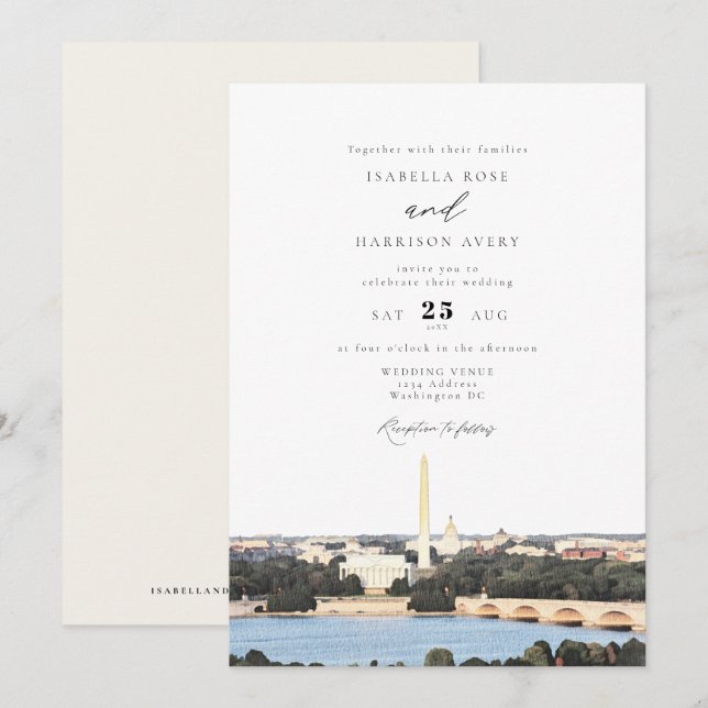 Invitación Boda de línea aérea del monumento de Washington DC (Anverso / Reverso)
