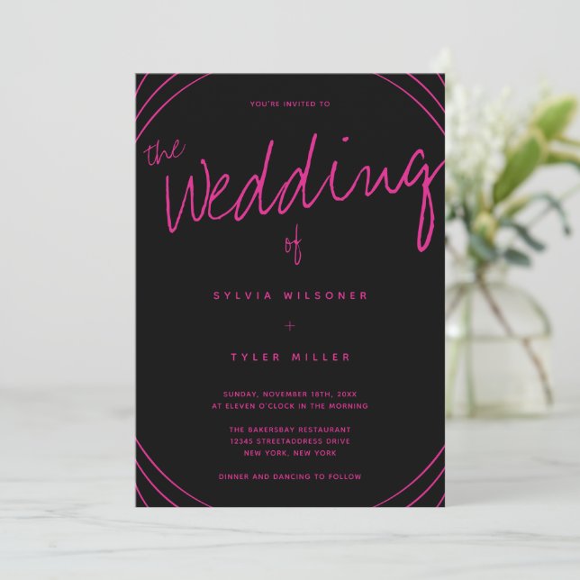Invitación Boda de línea de borde negro y rosa (Anverso de pie)