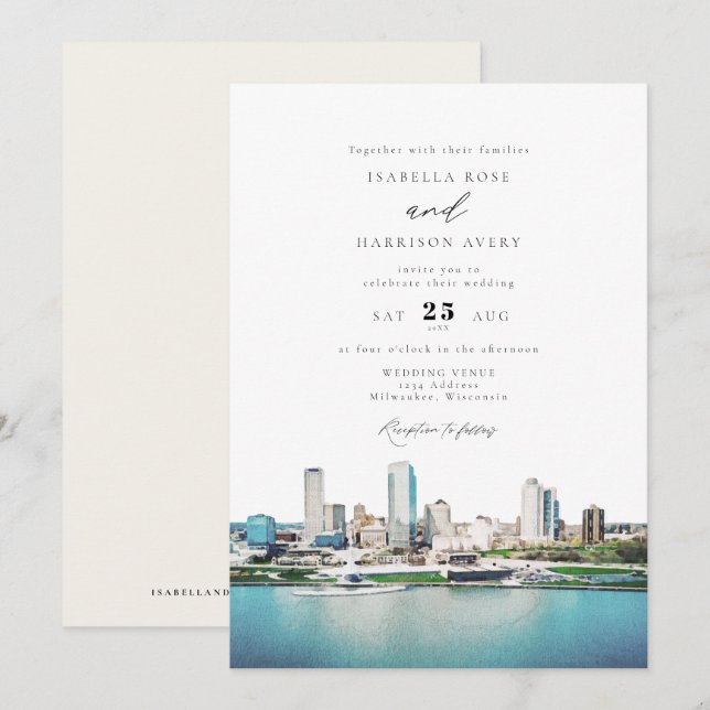 Invitación Boda de Línea de Esquina Watercolor Milwaukee Wisc (Anverso / Reverso)