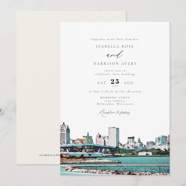 Invitación Boda de línea de horizonte de acuarela Milwaukee W (Anverso / Reverso)