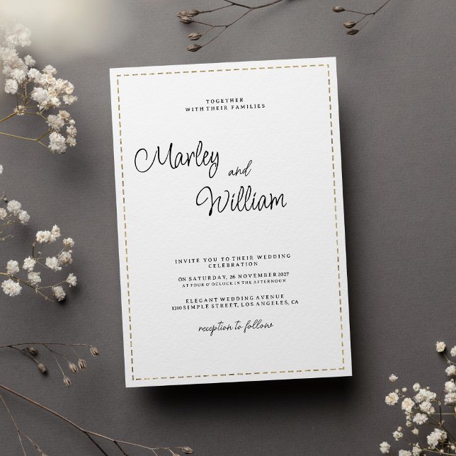 Invitación Boda de línea discontinua de oro blanco negro mini (Minimalist black white gold dashed line Wedding)