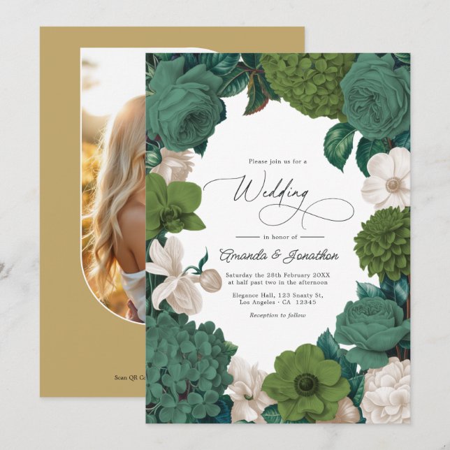 Invitación Boda de línea verde eucalipto, oliva y crema (Anverso / Reverso)