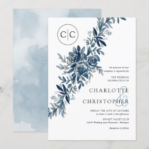 Invitación Boda de linearato floral de color azul monogramo