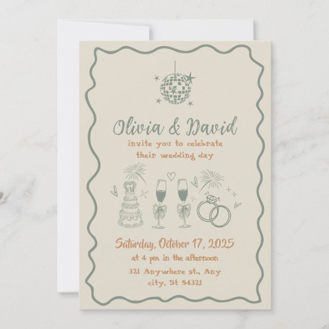 Invitación Boda de líneas de crema dibujadas a mano y líneas  (Anverso)