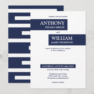 Invitación Boda de líneas geométricas azul y blanca de la Mar