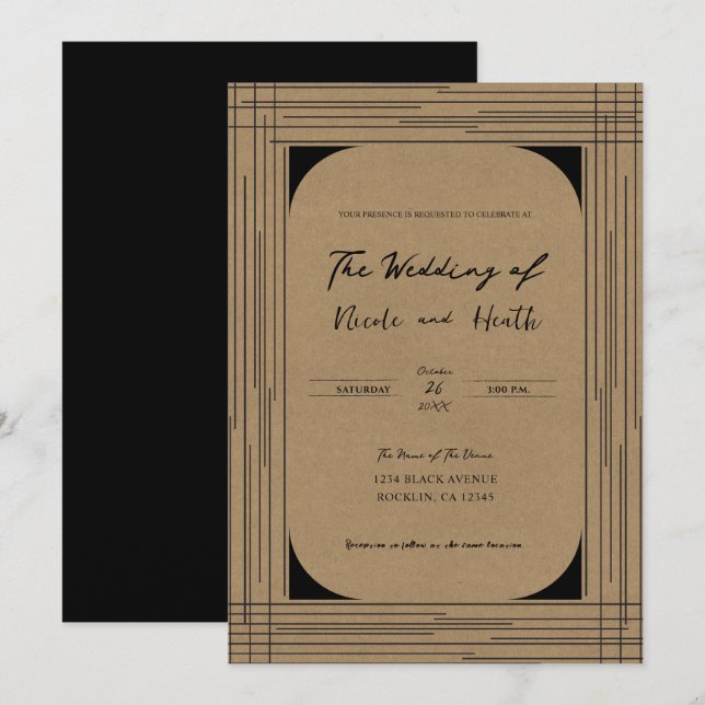 Invitación Boda de líneas modernas mínimas de Kraft negro (Anverso / Reverso)