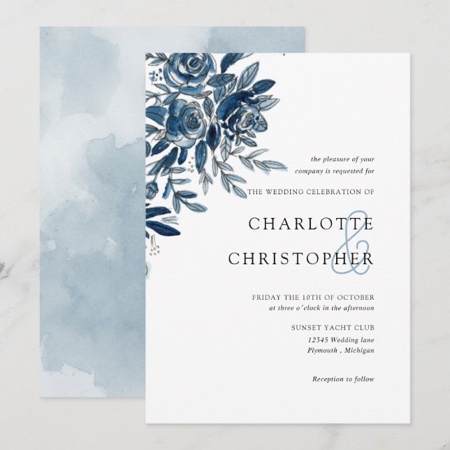 Invitación Boda de lino floral azul indigo acuático (Anverso / Reverso)