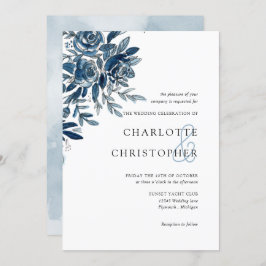 Invitación Boda de lino floral azul indigo acuático